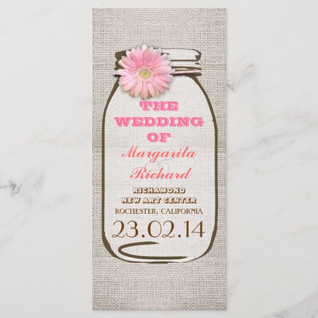 Rustic burlap mason jar pink wedding programs (Front)