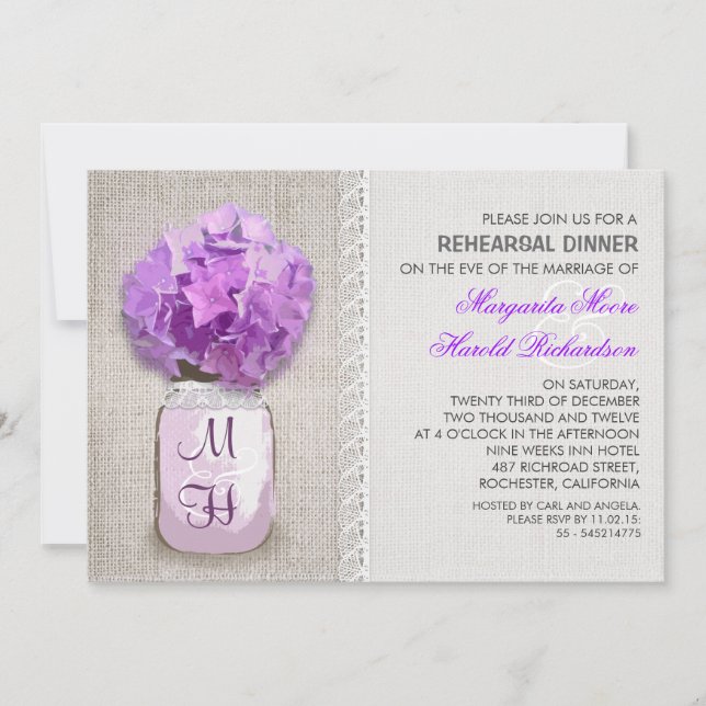 Rustic Burlap Mason Jar Purple Rehearsal Dinner Invitation (Front)
