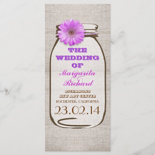 Rustic burlap mason jar purple wedding programs (Front)