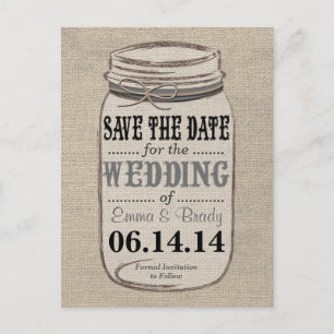 Rustic Burlap Mason Jar Save the Date Black Grey Announcement Postcard