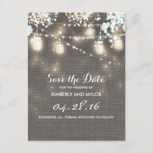 Rustic Burlap Mason Jar String Light Save the Date Announcement Postcard