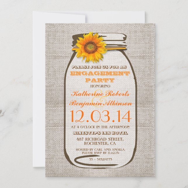 Rustic Burlap Mason Jar Sunflower Engagement Party Invitation (Front)