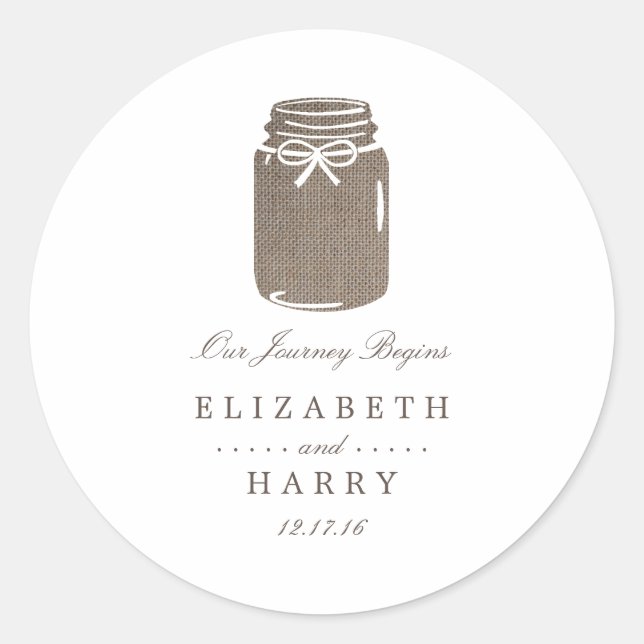 Rustic Burlap Mason Jar Wedding Classic Round Sticker (Front)