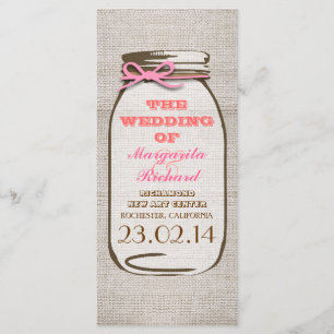 Rustic burlap mason jar wedding programs