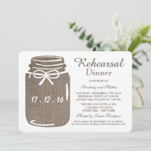 Rustic Burlap Mason Jar Wedding Rehearsal Dinner Invitation