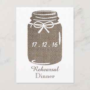 Rustic Burlap Mason Jar Wedding Rehearsal Dinner Invitation Postcard
