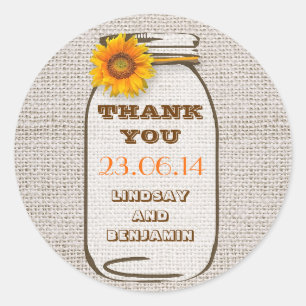 Rustic Burlap Mason Jar Wedding Sunflower Classic Round Sticker