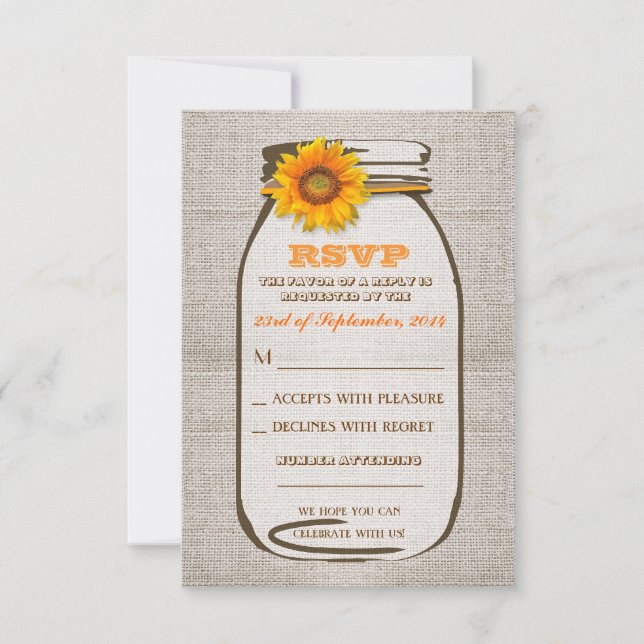 Rustic Burlap Mason Jar Wedding Sunflower RSVP Card (Front)
