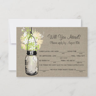 Rustic Burlap Mason Jar Wildflowers LIB RSVP Card