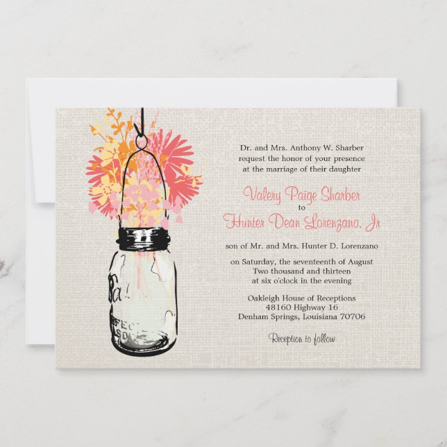 Rustic Burlap Mason Jar Wildflowers Wedding Invitation (Front)