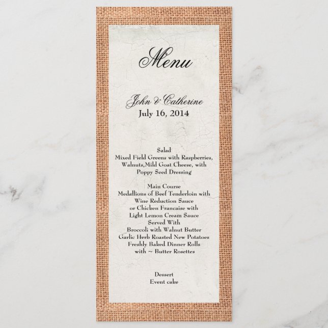 Rustic Burlap Menu de mariage personnalisé (Devant)