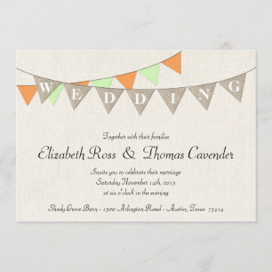 Rustic Burlap Mint Pennant Wedding Invitation