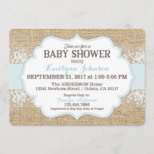 Rustic Burlap Modern Lace Blue Boy Baby Shower Invitation