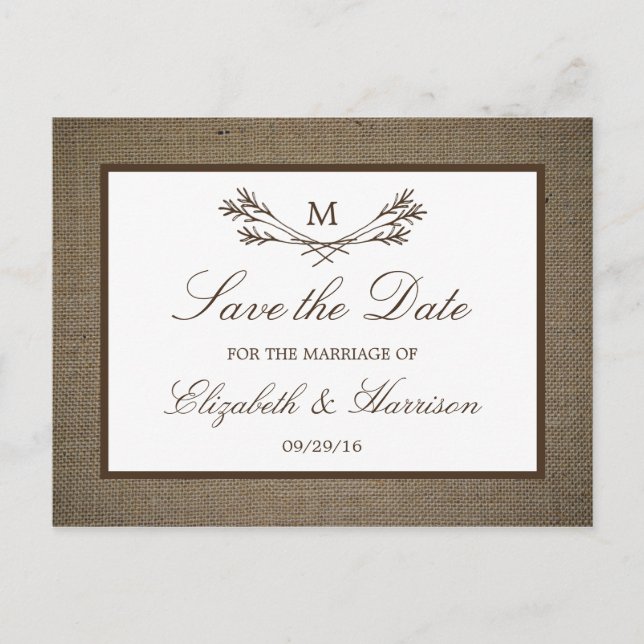 Rustic Burlap Monogram Branch Save The Date Announcement Postcard (Front)