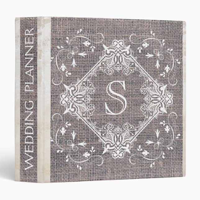 Rustic Burlap Monogram Floral Ornamental Marble Binder (Front/Spine)