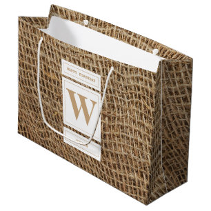 Rustic Burlap Monogram Initial Birthday Large Gift Bag