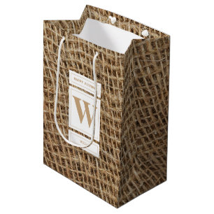 Rustic Burlap Monogram Initial Birthday  Medium Gift Bag
