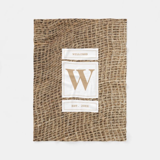 Rustic Burlap Monogram Initial Fleece Blanket (Front)
