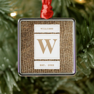 Rustic Burlap Monogram Initial  Metal Ornament