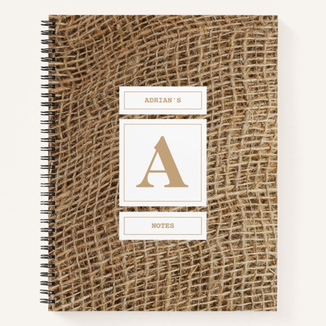 Rustic Burlap Monogram Initial Notebook (Front)