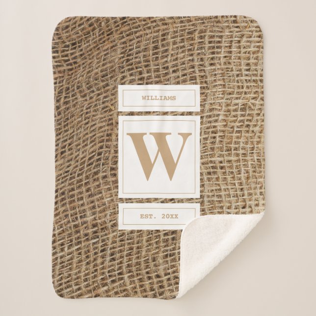 Rustic Burlap Monogram Initial Sherpa Blanket (Front)