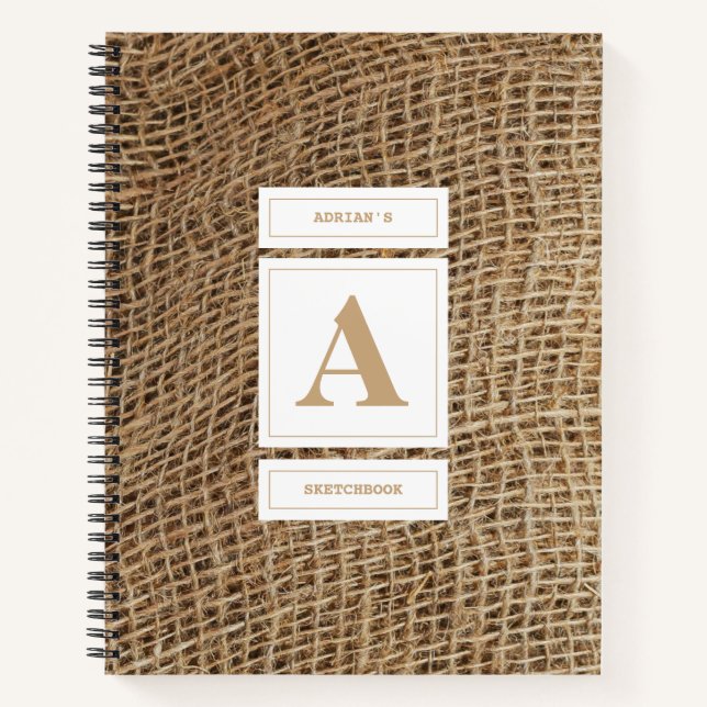 Rustic Burlap Monogram Initial Sketchbook Notebook (Front)