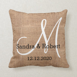 Rustic Burlap Monogram Wedding Keepsake Throw Pillow