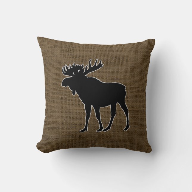 Rustic Burlap Moose Throw Pillow (Front)