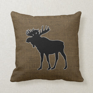 Rustic Burlap Moose Throw Pillow