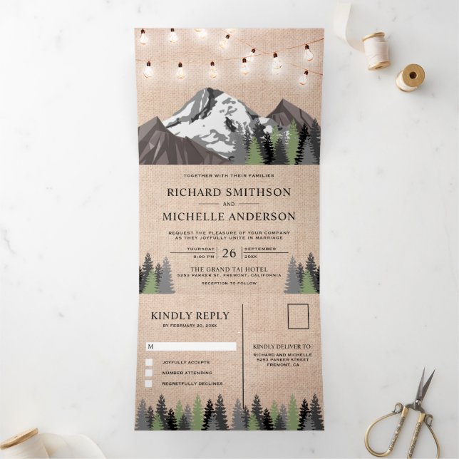 Rustic Burlap Mountain Forest String Light Wedding Tri-Fold Invitation (Inside)