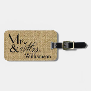 Rustic Burlap Mr and Mrs Travel Luggage Tag