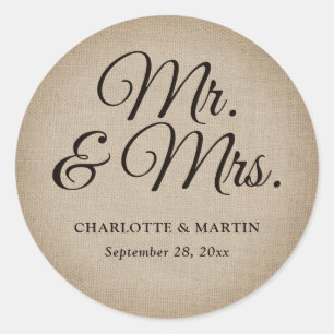 Rustic Burlap Mr and Mrs Wedding Classic Round Sticker