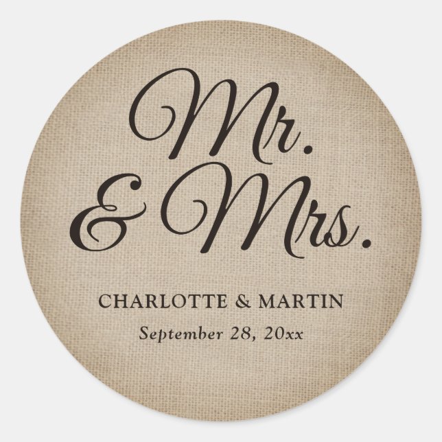 Rustic Burlap Mr and Mrs Wedding Classic Round Sticker (Front)