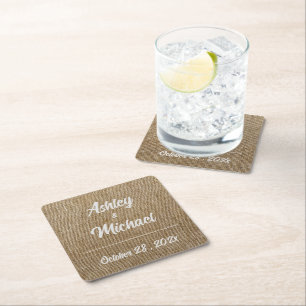 rustic burlap nature pattern Wedding Square Paper Coaster