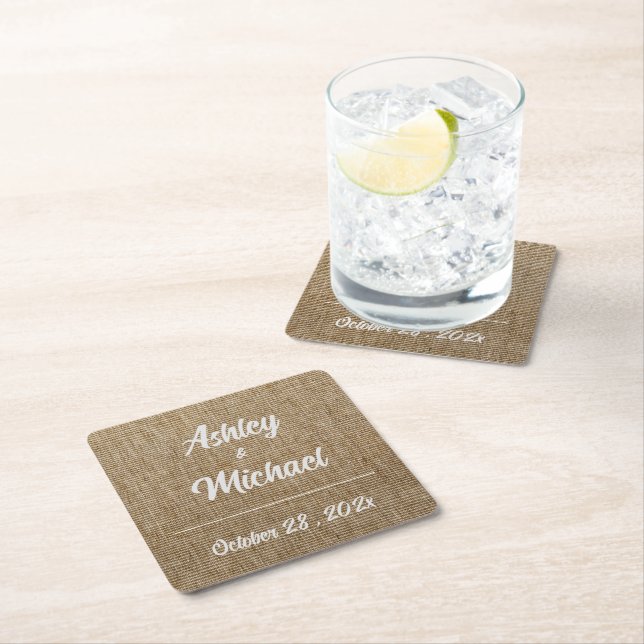rustic burlap nature pattern Wedding Square Paper Coaster (Insitu)