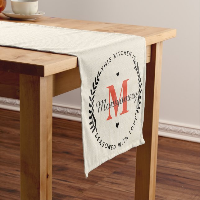 Rustic Burlap Orange Monogram Seasoned With Love Short Table Runner (In Situ)