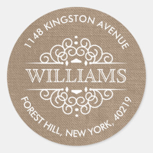 Rustic Burlap Ornate Swirls Custom Return Address Classic Round Sticker