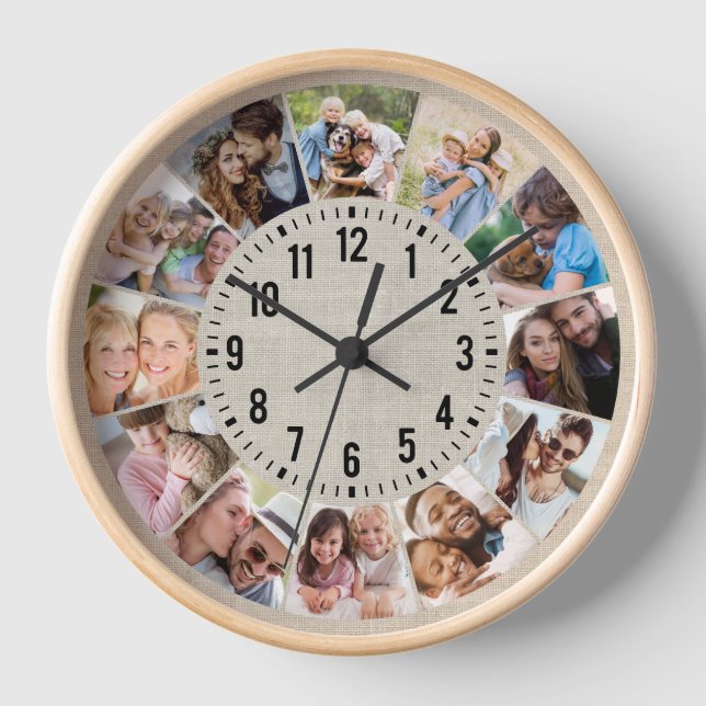 Rustic Burlap Personalized 12 Photo Collage Clock (Front)