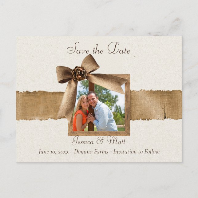 Rustic Burlap Photo Enregistrer la date Carte Post (Devant)