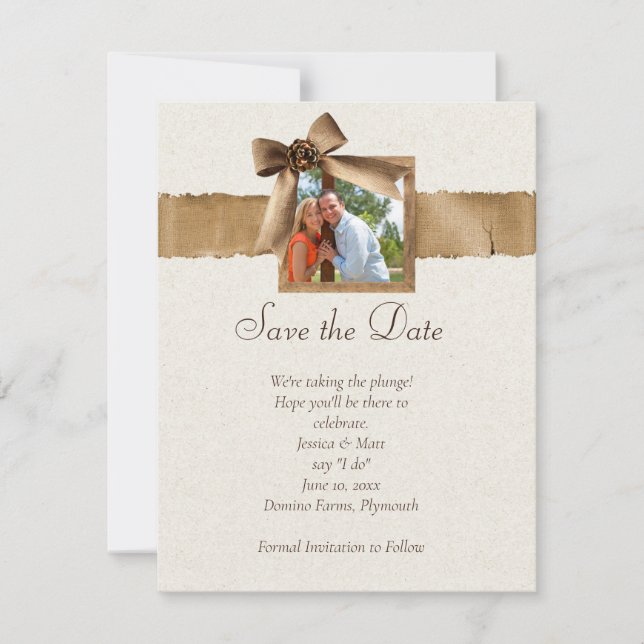 Rustic Burlap Photo Save the Date  Invitation (Front)
