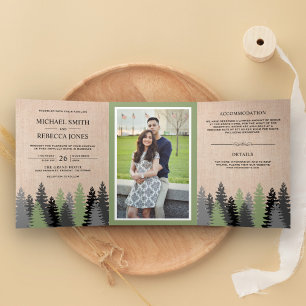 Rustic Burlap Pine Trees Photo Forest Wedding Tri-Fold Invitation