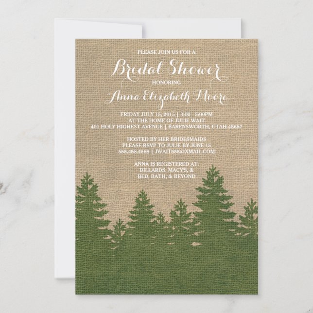 Rustic Burlap Pine Trees Winter Bridal Shower Invitation (Front)