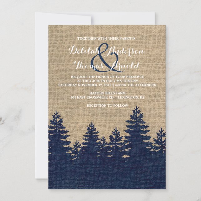 Rustic Burlap Pine Trees Winter Wedding Invitation (Front)