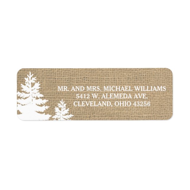 Rustic Burlap Pine Trees Winter Wedding Labels (Front)