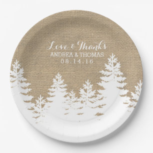 Rustic Burlap Pine Trees Winter Wedding Plates