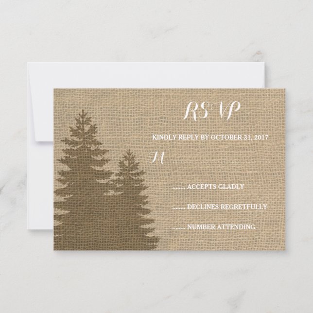 Rustic Burlap Pine Trees Winter Wedding RSVP (Front)
