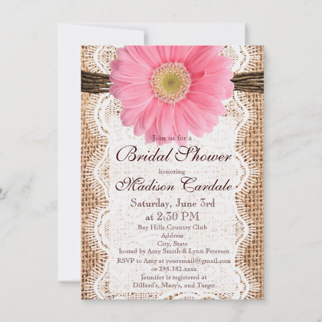 Rustic Burlap Pink Daisy Bridal Shower Invitations (Front)