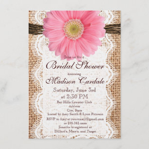 Rustic Burlap Pink Daisy Bridal Shower Invitations