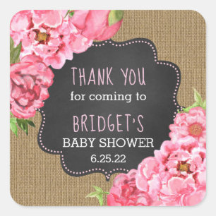 Rustic burlap pink peonies thank you favour sticke square sticker