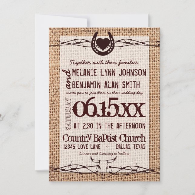 Rustic Burlap Print Barbed Wire Wedding Invitation (Front)